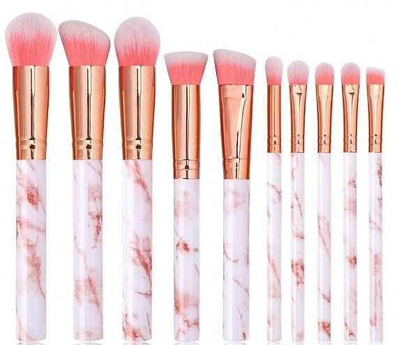 10 Piece Marble Makeup Brush Cosmetic Set – Pink